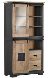 Vitrine aus Holz mit Schiebetüren und Schubladen, seitliche Perspektive