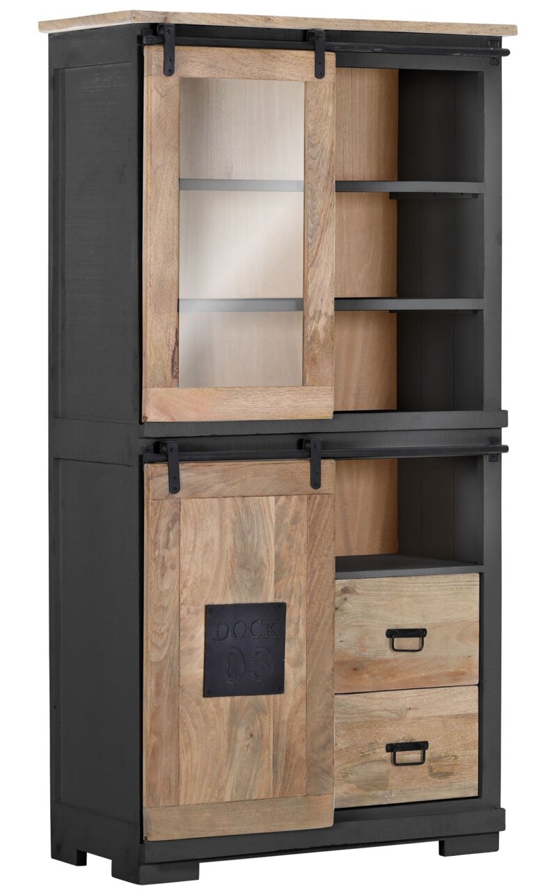 Vitrine aus Holz mit Schiebetüren und Schubladen, seitliche Perspektive