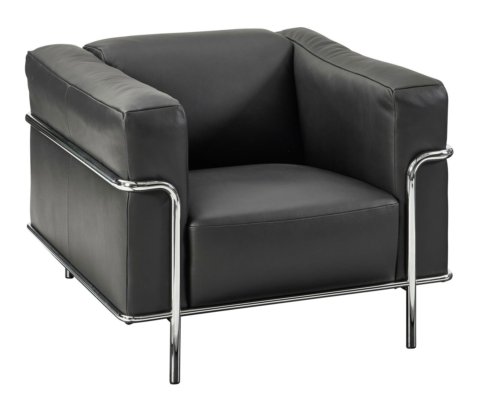 Moderner schwarzer Ledersessel mit verchromtem Gestell, seitliche Perspektive