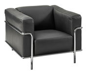 Moderner schwarzer Ledersessel mit verchromtem Gestell, seitliche Perspektive