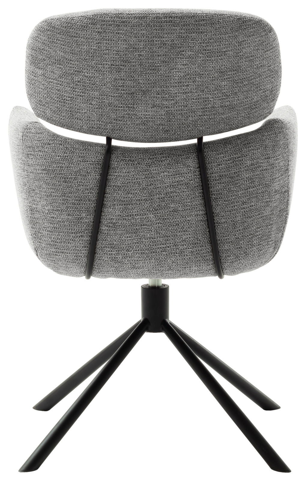 Rückansicht eines modernen Sessels mit grauem Stoffbezug und schwarzem Metallgestell.