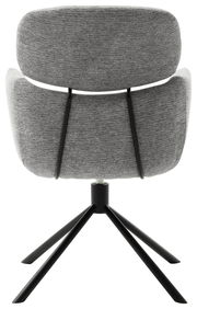 Rückansicht eines modernen Sessels mit grauem Stoffbezug und schwarzem Metallgestell.