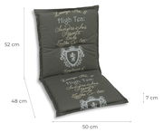 Niederlehnerauflage in Dunkelgrau mit dekorativem Schriftzug und Wappen, seitliche Perspektive