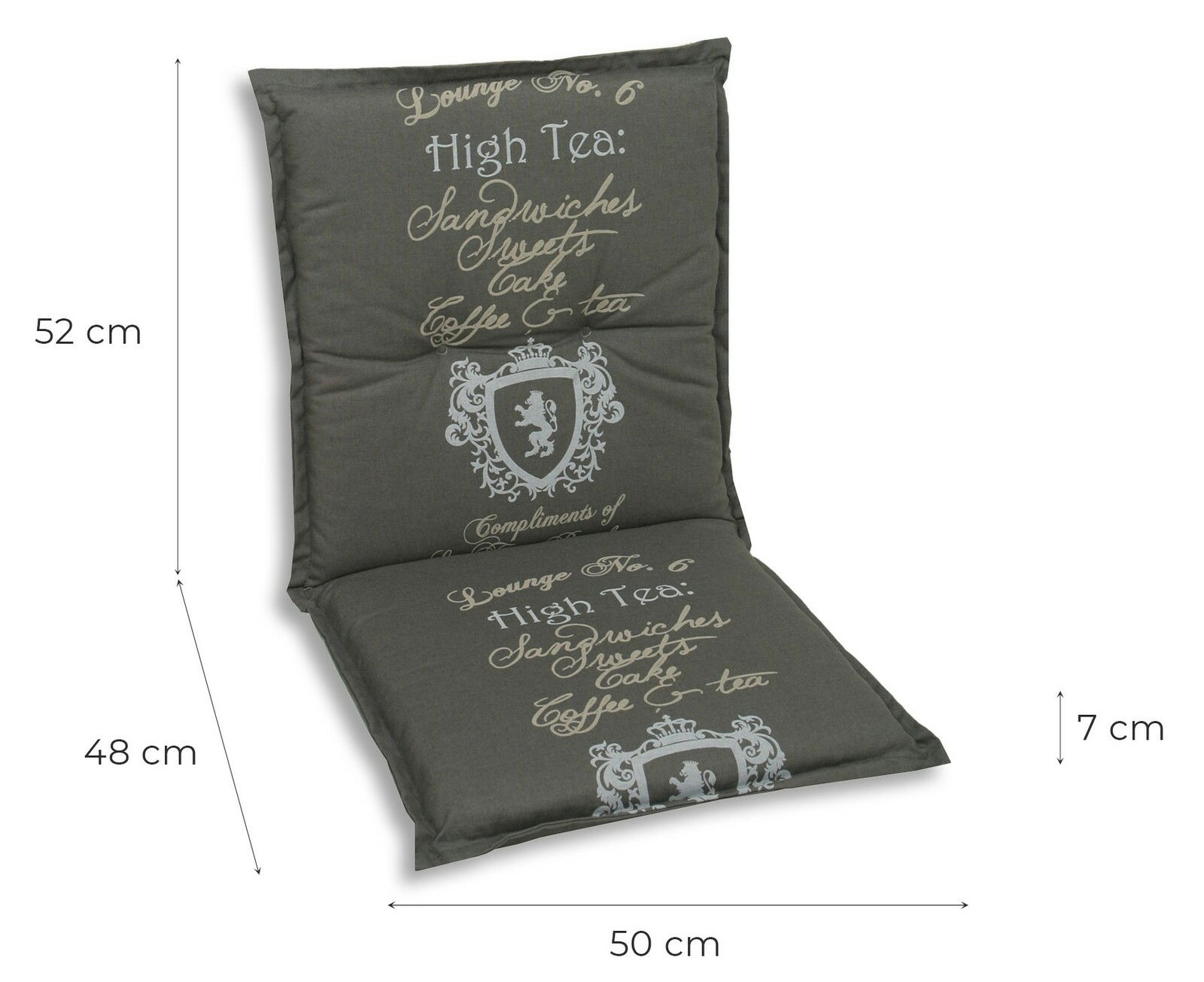 Niederlehnerauflage in Dunkelgrau mit dekorativem Schriftzug und Wappen, seitliche Perspektive