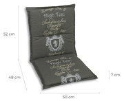Niederlehnerauflage in Dunkelgrau mit dekorativem Schriftzug und Wappen, seitliche Perspektive