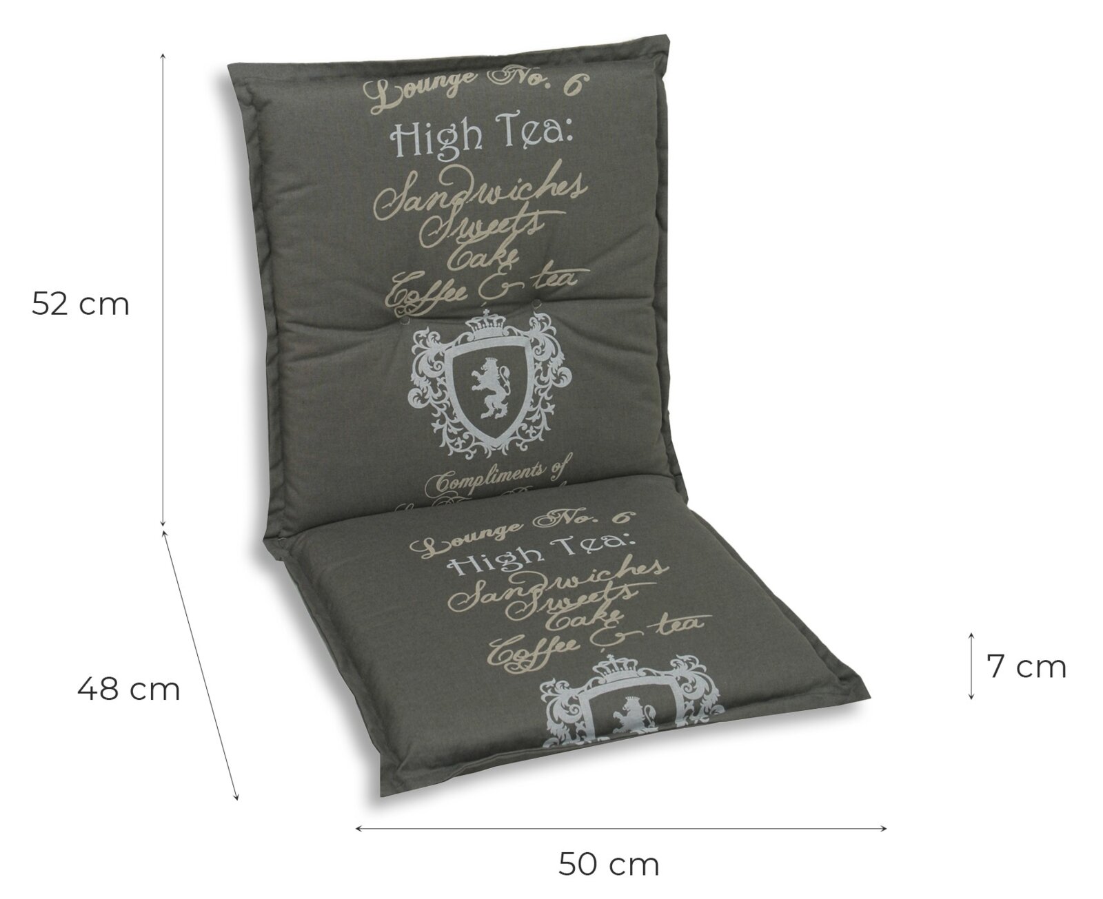 Niederlehnerauflage in Dunkelgrau mit dekorativem Schriftzug und Wappen, seitliche Perspektive