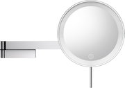 Runder, wandmontierter Kosmetikspiegel mit LED-Ringbeleuchtung und Touch-Ein/Aus-Symbol, Chromoptik, Frontansicht.