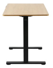 Moderner E-Schreibtisch mit Holzoberfläche und schwarzem Metallgestell, Frontalansicht