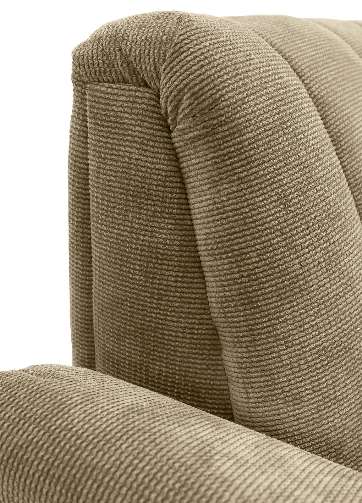 Nahaufnahme einer 2,5er-Sitzbank mit strukturiertem Stoffbezug in Beige, seitliche Perspektive