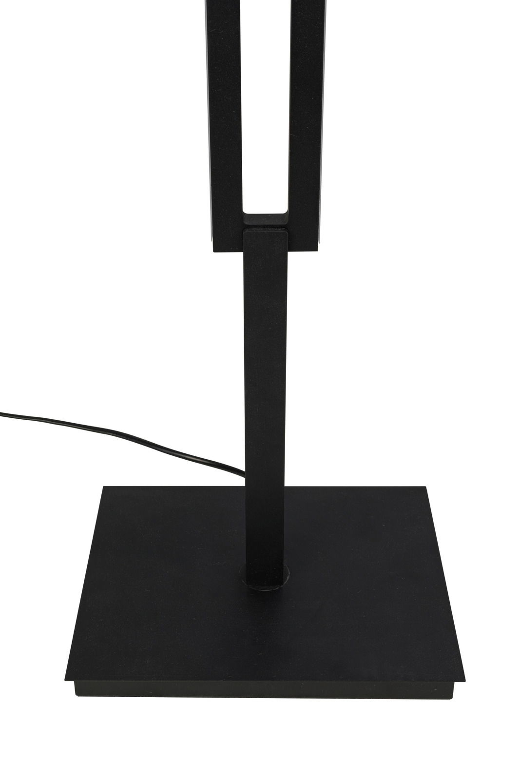 Schwarze LED-Stehleuchte mit rechteckigem Sockel, seitliche Perspektive