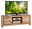 TV-Board aus Holz mit zwei Schubladen und offenen Fächern, darauf steht ein großer Flachbildfernseher. Frontalansicht.