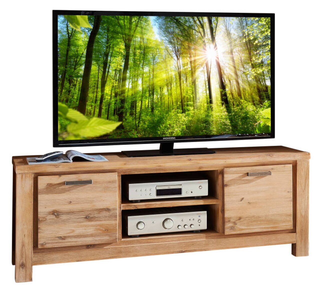 TV-Board aus Holz mit zwei Schubladen und offenen Fächern, darauf steht ein großer Flachbildfernseher. Frontalansicht.