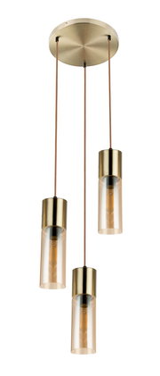 Dreiflammige Hängeleuchte mit zylindrischen, goldfarbenen Lampenschirmen aus Glas, von unten betrachtet.