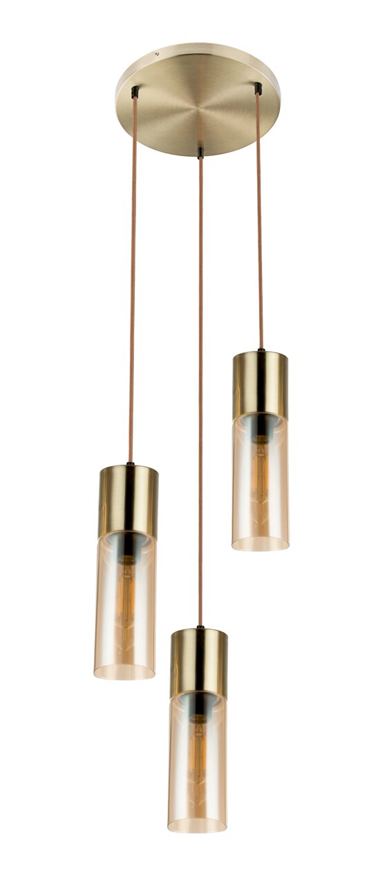 Dreiflammige Hängeleuchte mit zylindrischen, goldfarbenen Lampenschirmen aus Glas, von unten betrachtet.