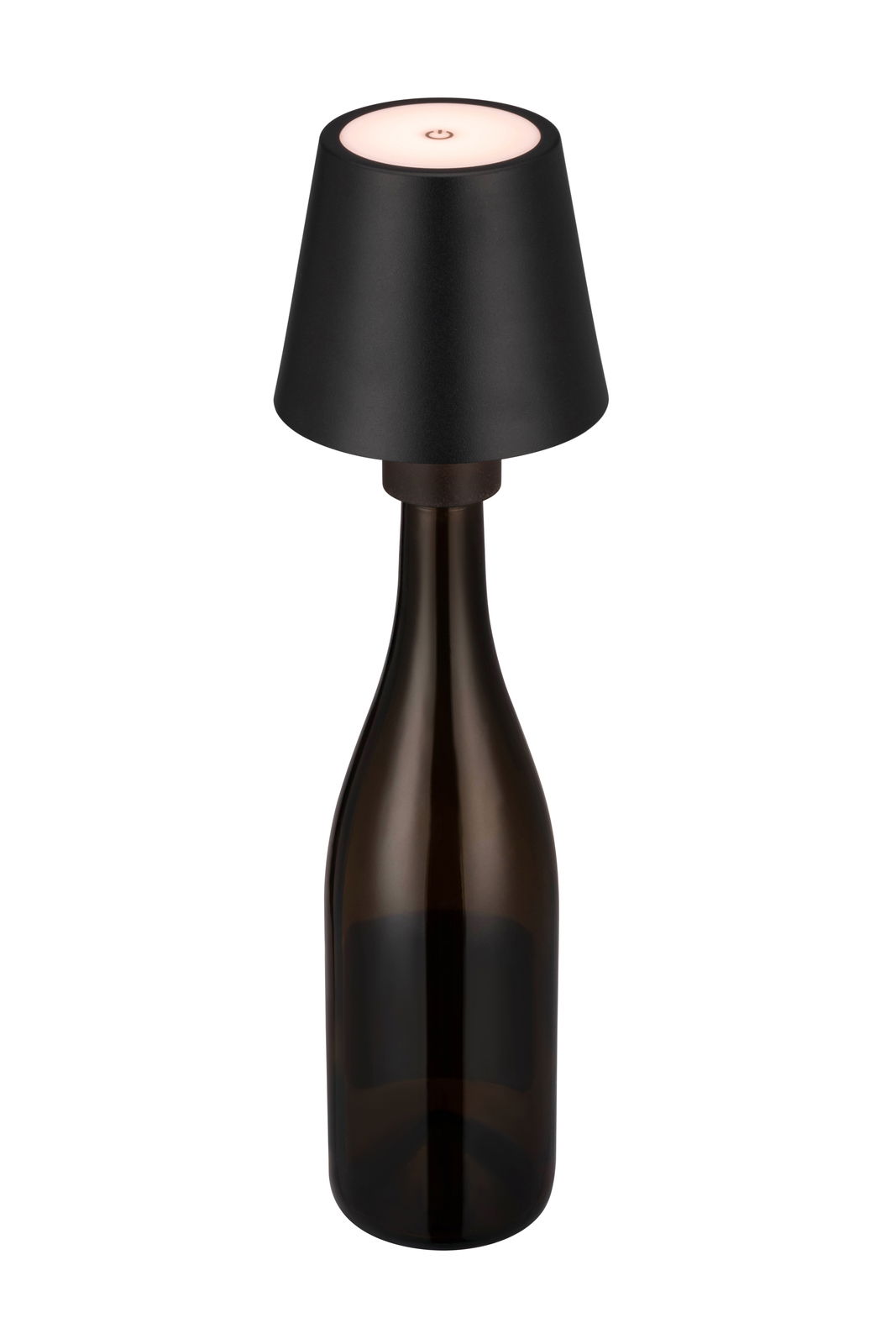 Schwarze Akku-Tischleuchte auf einer dunklen Flasche, seitliche Perspektive