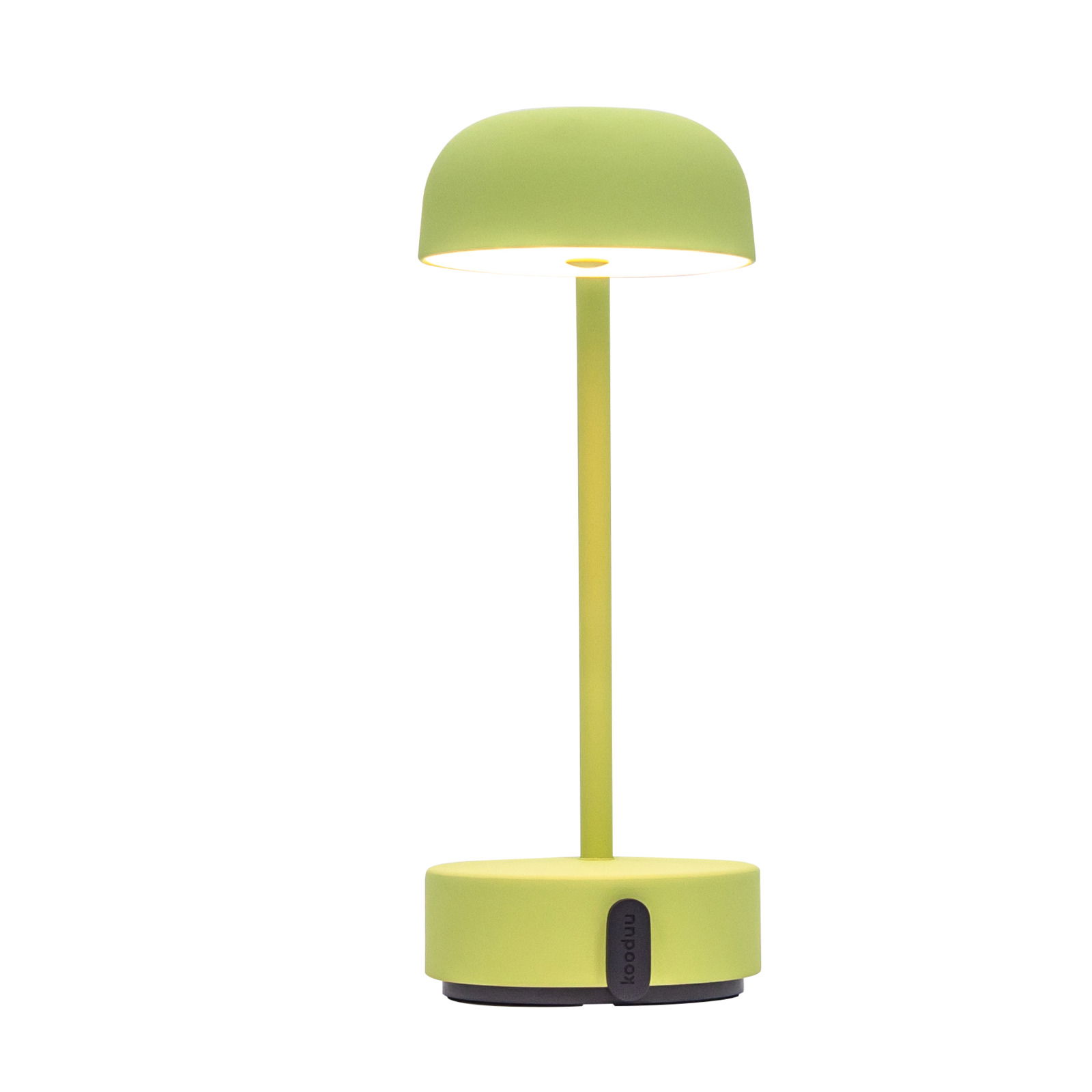 Grüne Tischlampe mit rundem Schirm und modernem Design, seitliche Perspektive