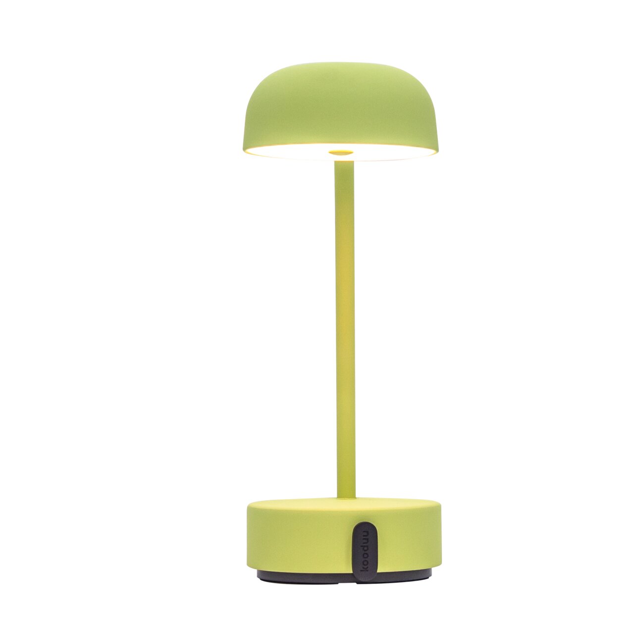 Grüne Tischlampe mit rundem Schirm und modernem Design, seitliche Perspektive