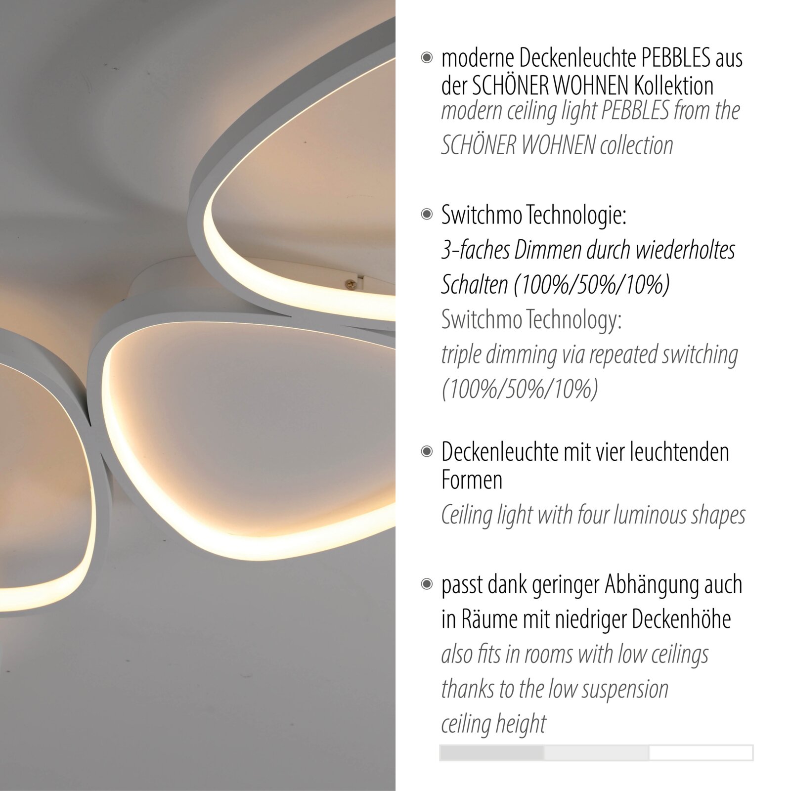 Moderne weiße LED-Deckenleuchte „PEBBLES“ mit vier leuchtenden, abgerundeten Formen und warmweißem Licht, Nahaufnahme aus seitlicher Untersicht an der Decke.