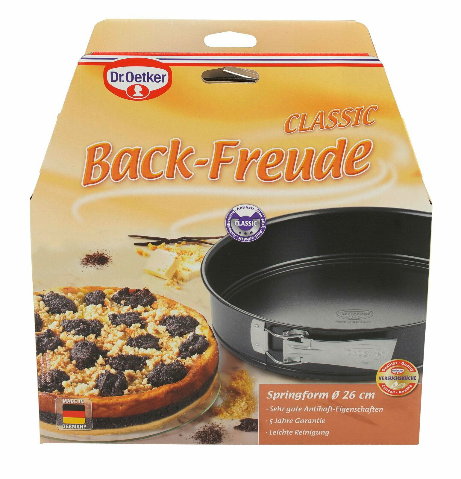 Verpackung der Dr. Oetker Springform 26 cm BackFreude, Vorderansicht mit Abbildung der Springform und eines Kuchens.