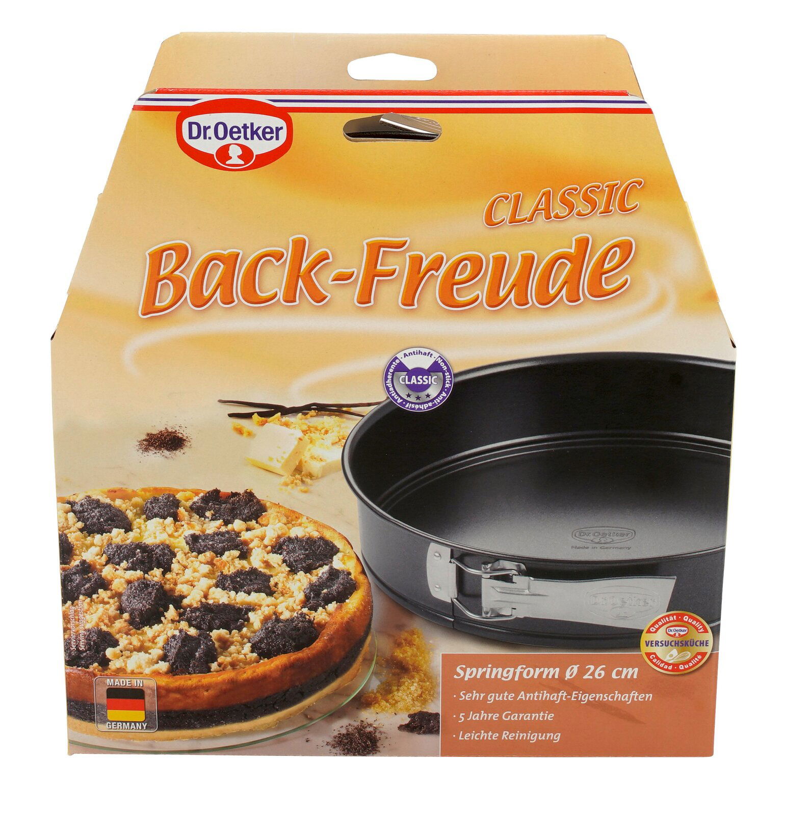 Verpackung der Dr. Oetker Springform 26 cm BackFreude, Vorderansicht mit Abbildung der Springform und eines Kuchens.