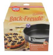 Verpakking van de Dr. Oetker springvorm 26 cm BackFreude, vooraanzicht met afbeelding van de springvorm en een taart.