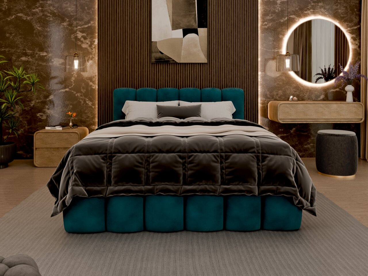 Frontale Ansicht eines eleganten Polsterbetts mit grünem Kopfteil in einem stilvoll eingerichteten Schlafzimmer.