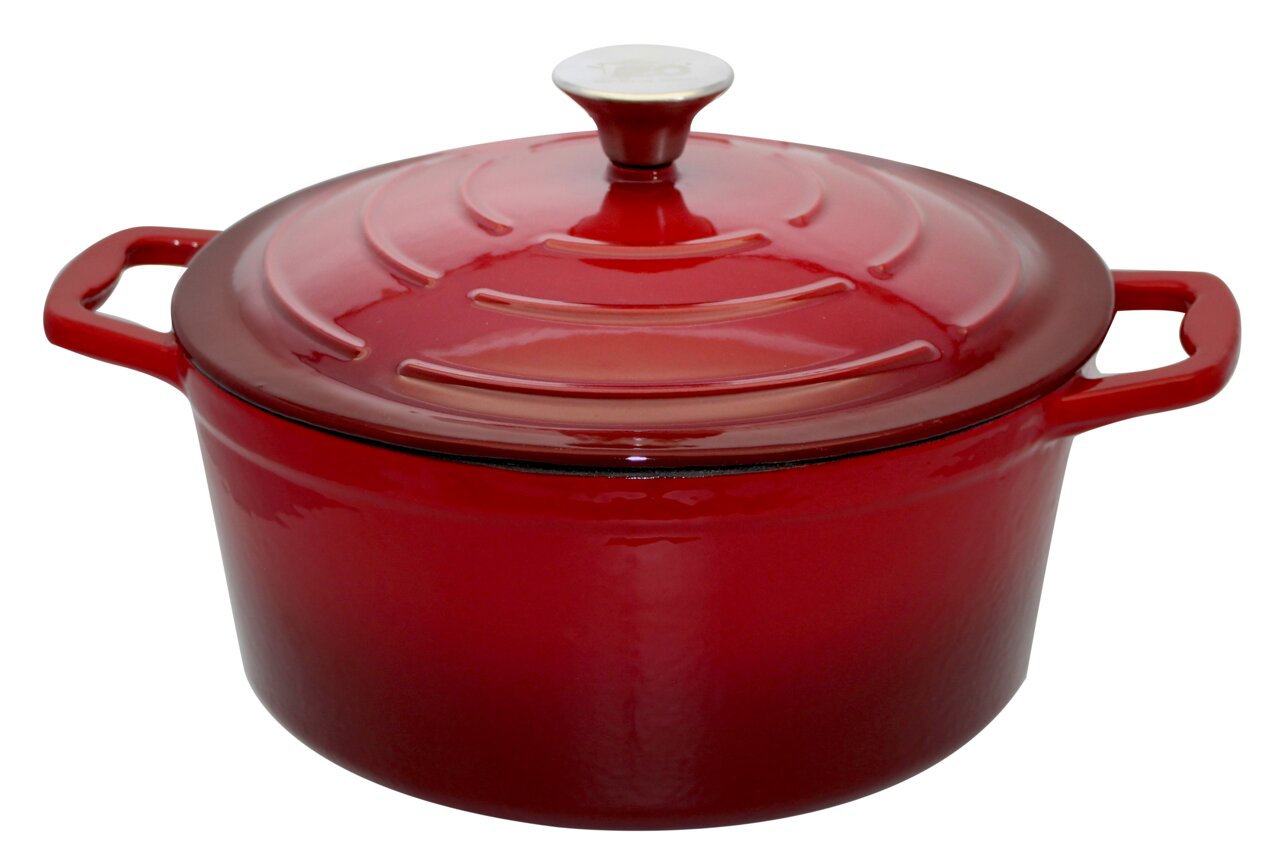 Roter runder Bräter aus Gusseisen mit Deckel, seitliche Perspektive