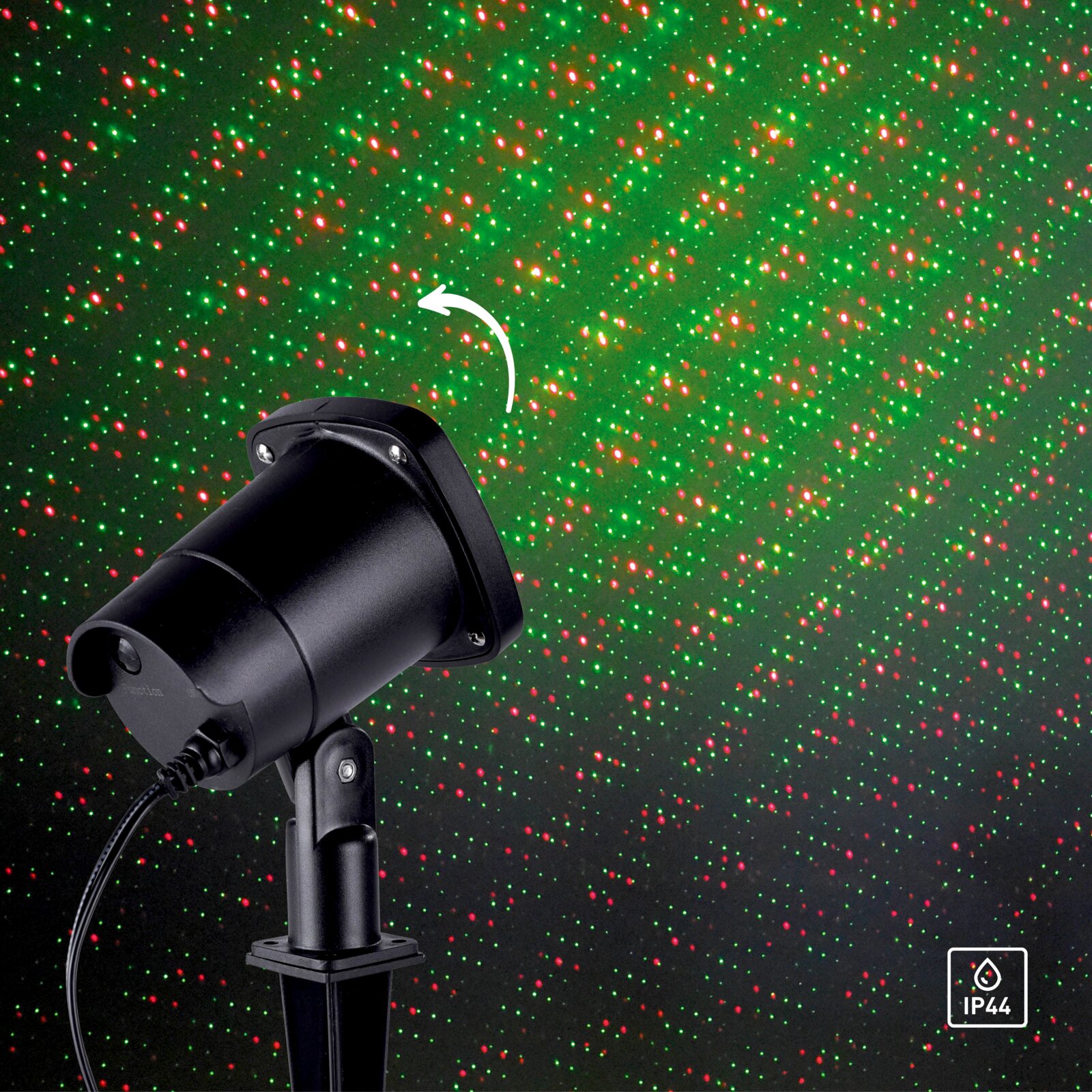 Zwarte laserprojector voor buitengebruik op een grondpen, die rode en groene lichtpuntjes op een muur projecteert, zijaanzicht (IP44)