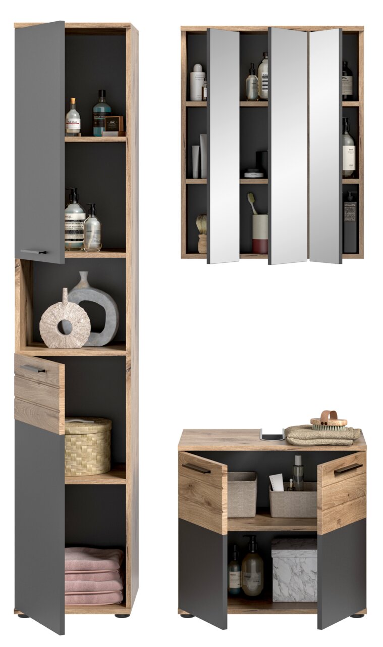 Badezimmermöbel-Set mit einem hohen Schrank, einem Spiegelschrank und einem Waschbeckenunterschrank in Holzoptik und grauen Türen, frontal betrachtet.