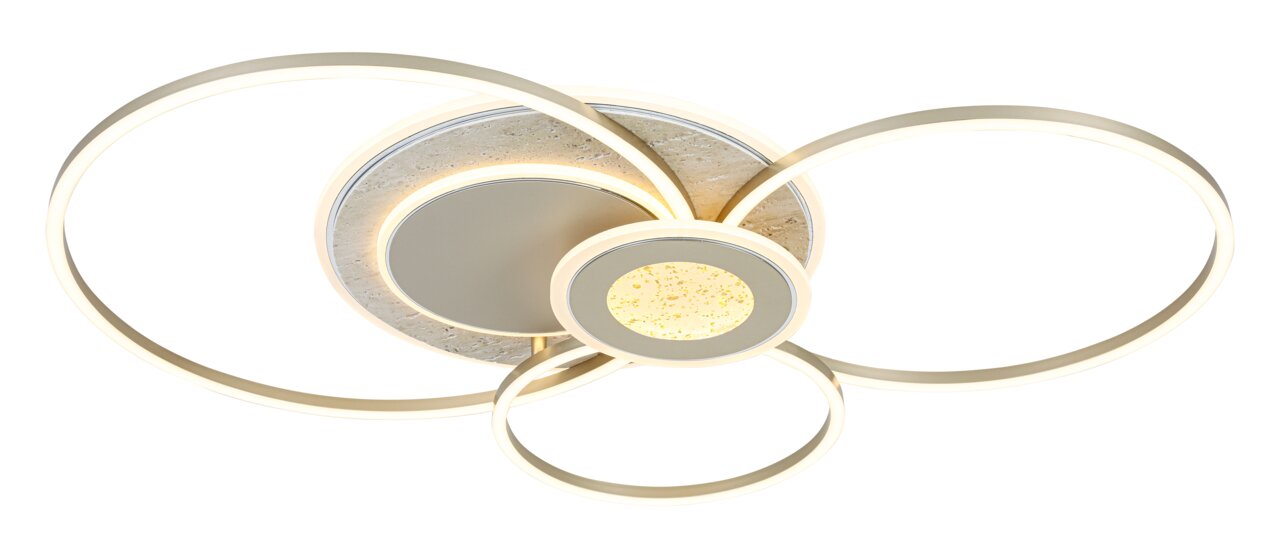 Novel LED-plafondlamp DECKENLEUCHTE Moderne led-plafondlamp met drie in elkaar verweven ringen, gezien van onderaf.