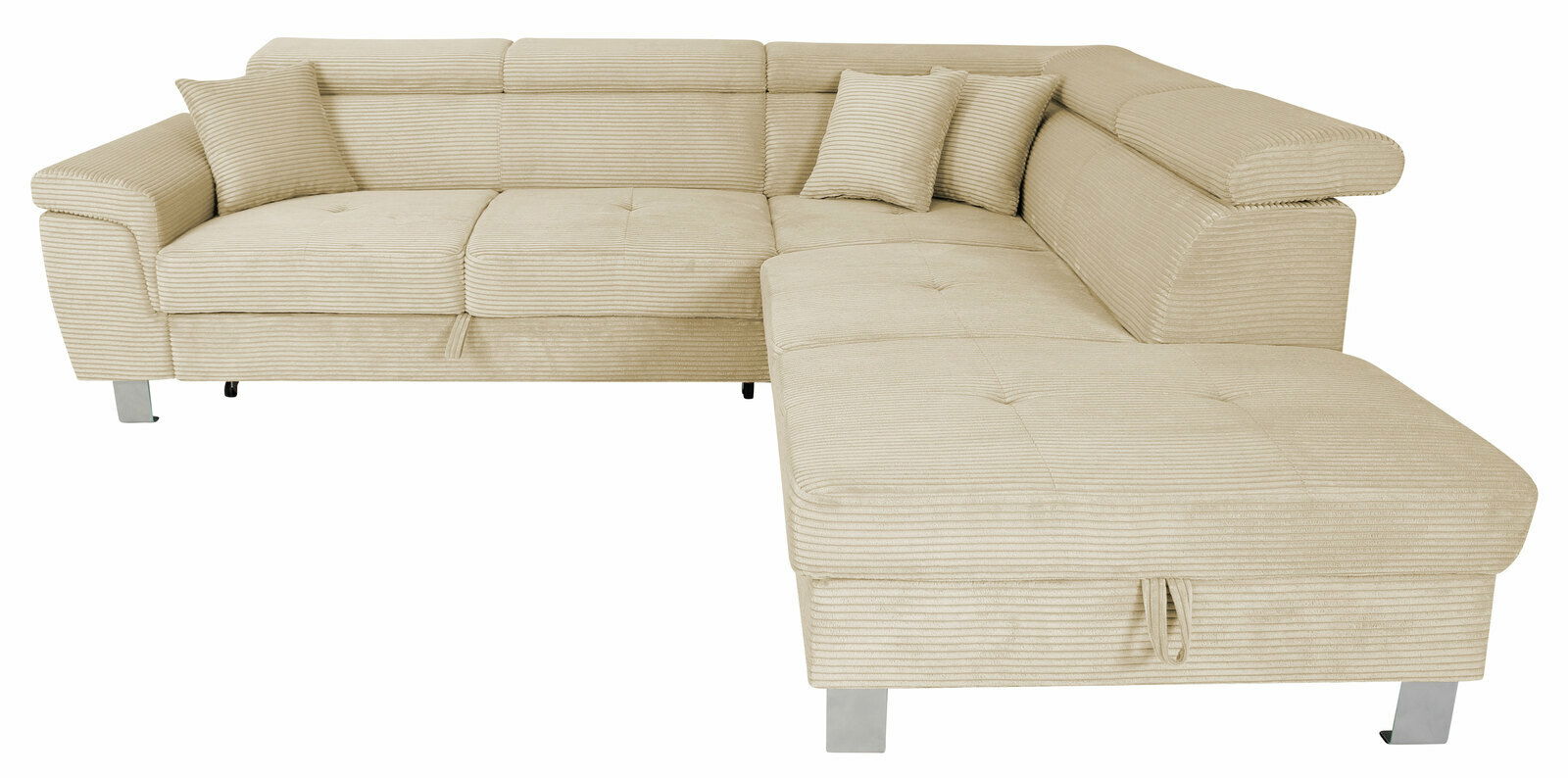 Beige Ecksofa mit zwei Kissen, aus einer leicht erhöhten Perspektive fotografiert.