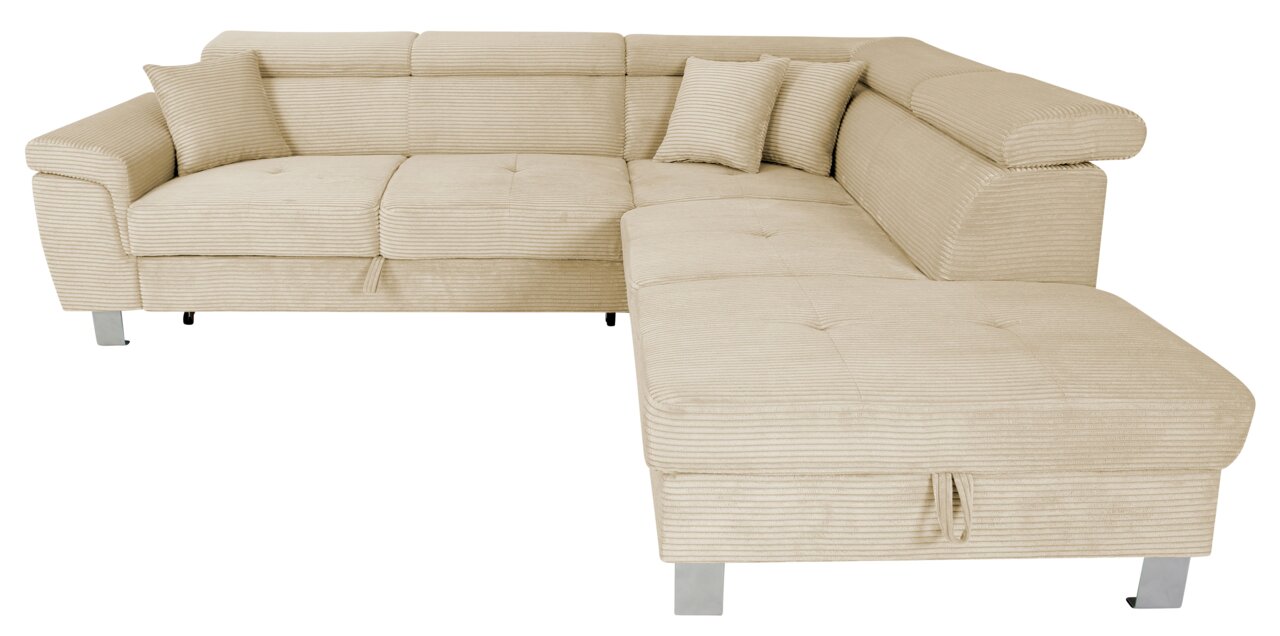 Beige Ecksofa mit zwei Kissen, aus einer leicht erhöhten Perspektive fotografiert.