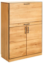 Sekretär aus hellem Holz mit zwei Türen und einer Klappe, seitliche Perspektive