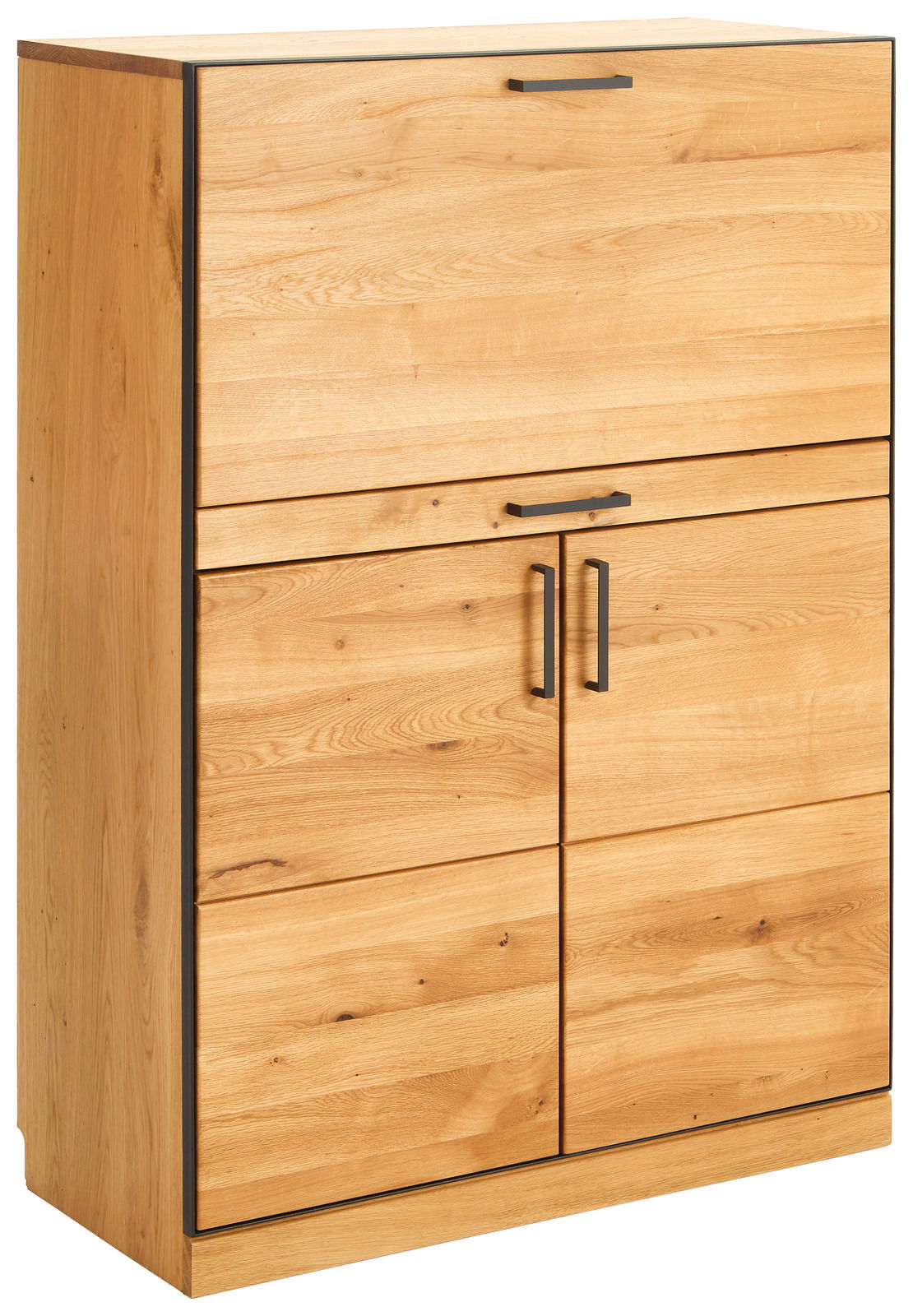 Sekretär aus hellem Holz mit zwei Türen und einer Klappe, seitliche Perspektive