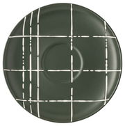 Draufsicht auf eine dunkelgrüne Espresso-Untertasse mit weißem Linienmuster.