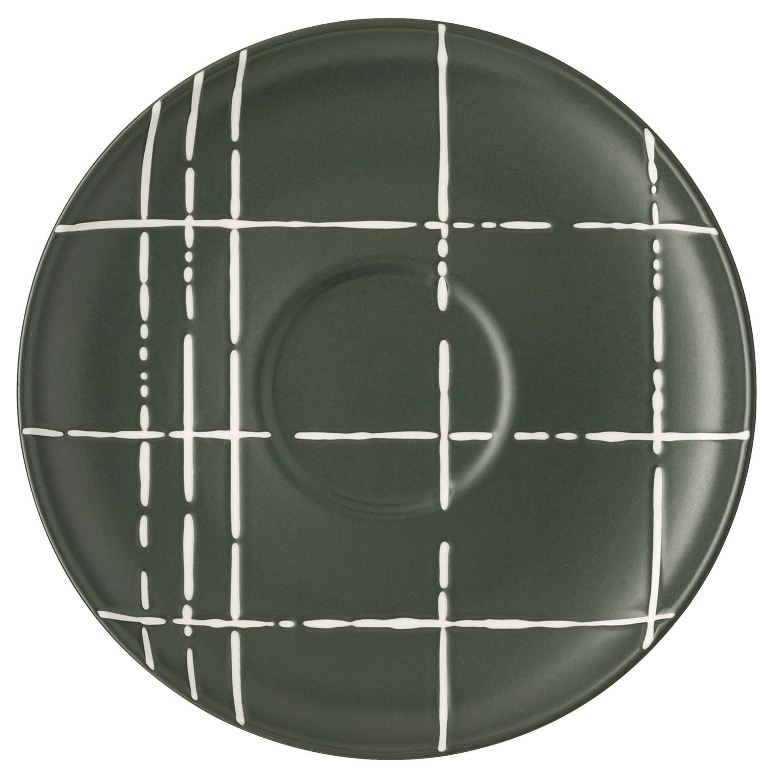 Draufsicht auf eine dunkelgrüne Espresso-Untertasse mit weißem Linienmuster.