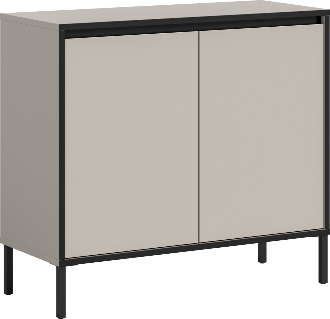 Moderne Kommode mit zwei Türen in Beige und schwarzem Rahmen, seitliche Perspektive
