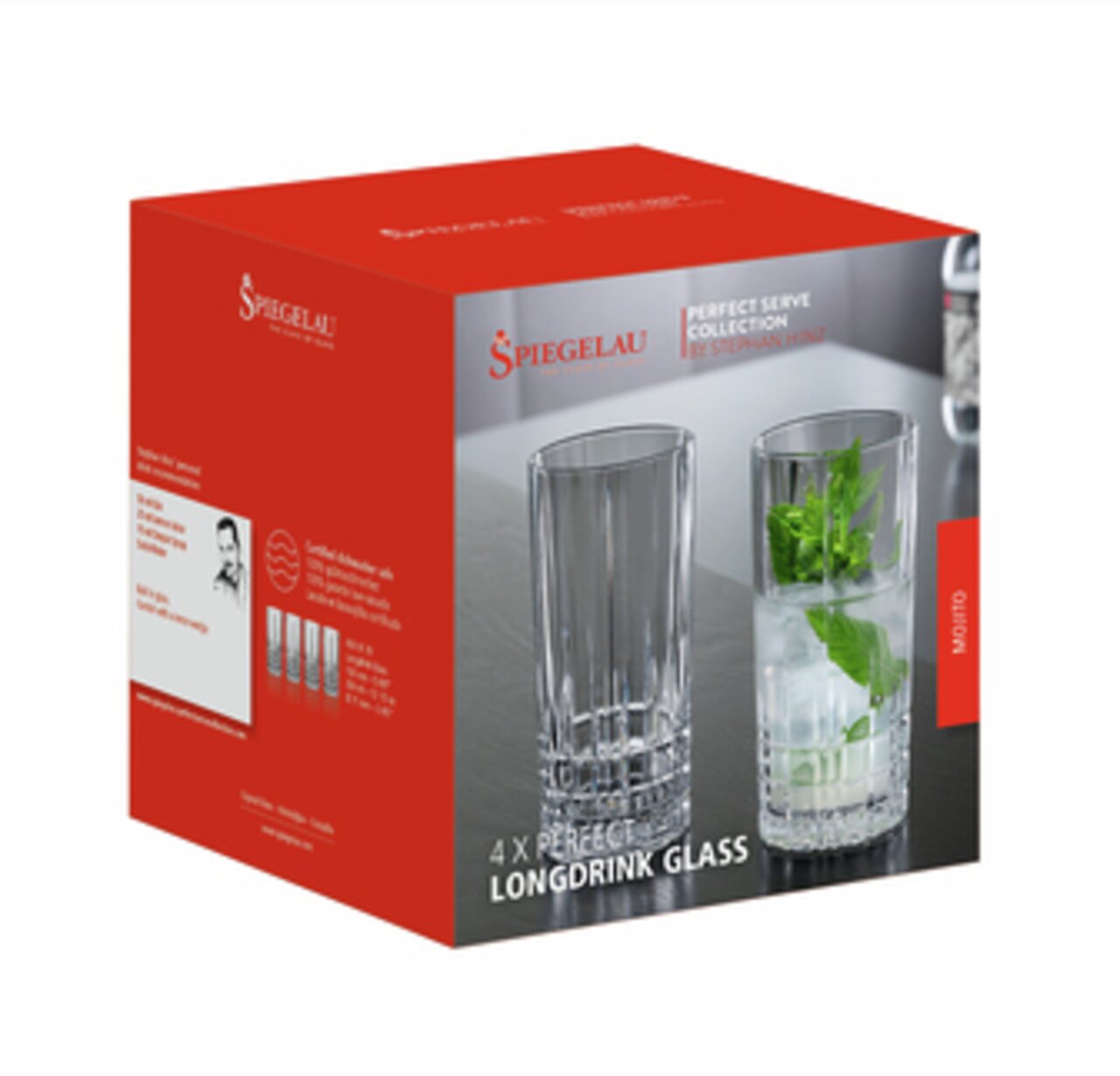 Verpackung der Spiegelau Perfect Serve Longdrinkgläser, 4er-Set, mit Abbildung von zwei Gläsern, eines leer und eines mit einem Getränk und Minzblättern, aus seitlicher Perspektive.
