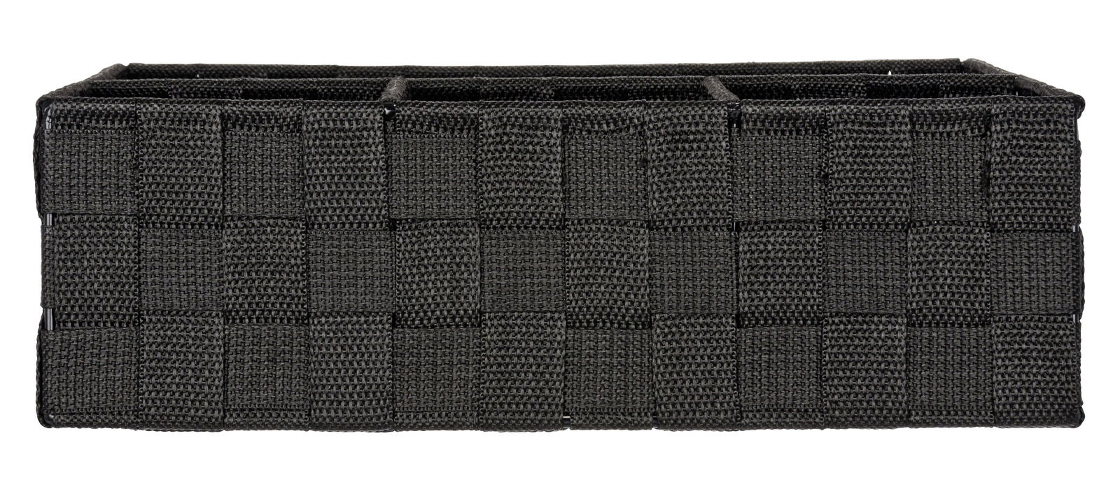 Schwarzer Badorganizer Adria mit vier Fächern, aus geflochtenem Material, seitliche Perspektive.