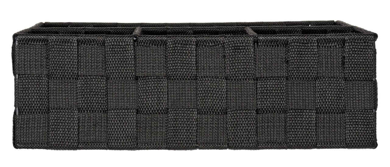 Schwarzer Badorganizer Adria mit vier Fächern, aus geflochtenem Material, seitliche Perspektive.