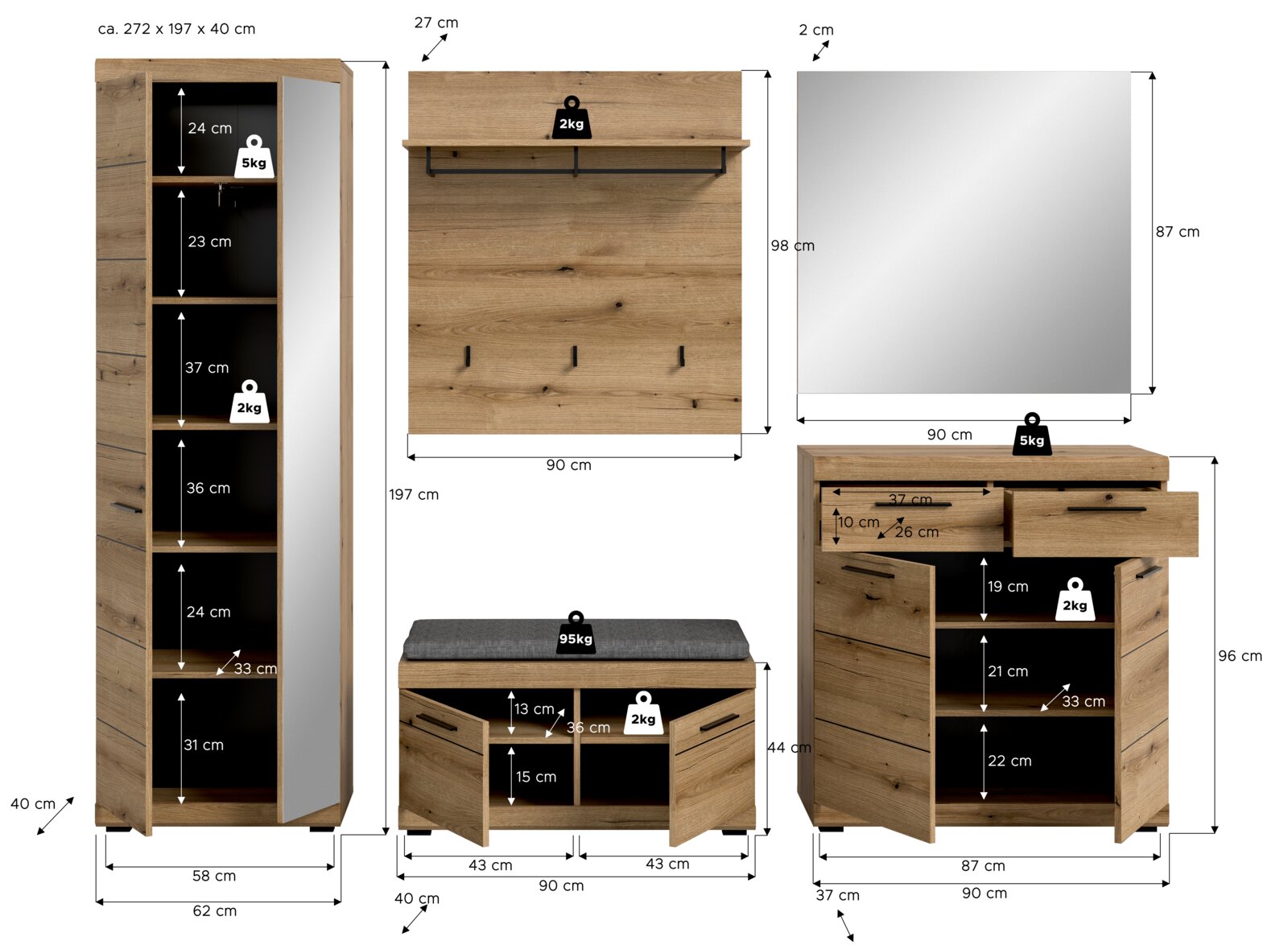 Garderoben-Set 5-teilig in Holzoptik, bestehend aus einem hohen Schrank mit Spiegel, einer Wandgarderobe mit Haken und Ablage, einem großen Spiegel, einer Sitzbank mit Stauraum und einem Kommodenschrank. Frontalansicht.