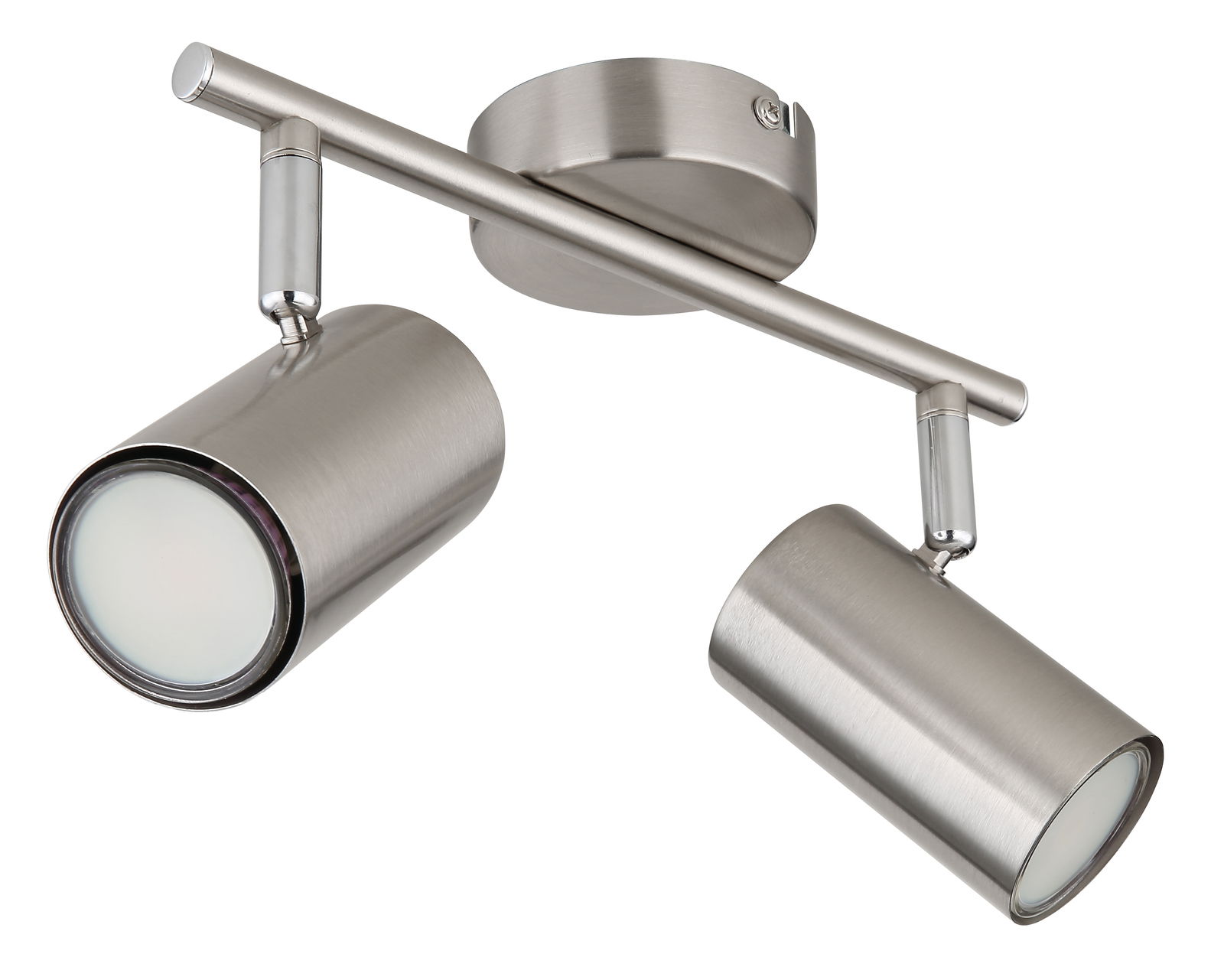 Moderner, zweiflammiger Strahler aus gebürstetem Metall in schräger Perspektive von unten.