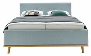 Vooraanzicht van een modern gestoffeerd bed in lichtblauwe stof met houten poten, versierd met kussens en een deken.