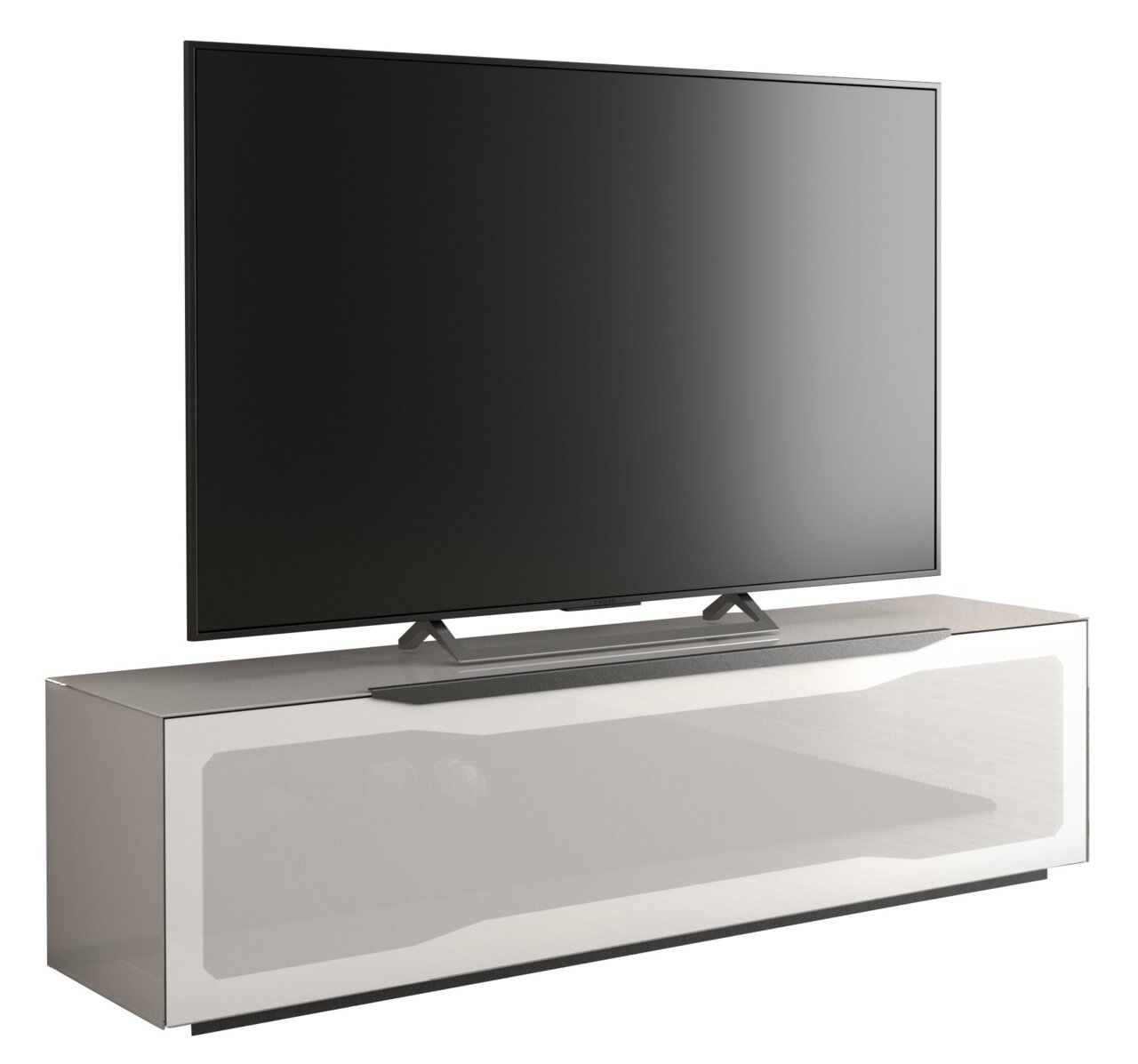 Modernes TV-Lowboard in Hochglanzoptik mit großem Flachbildfernseher, seitliche Perspektive