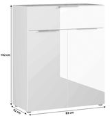 Weiße Kommode mit zwei Türen und einer Schublade, Frontansicht, Maße 102 cm hoch, 83 cm breit, 42 cm tief