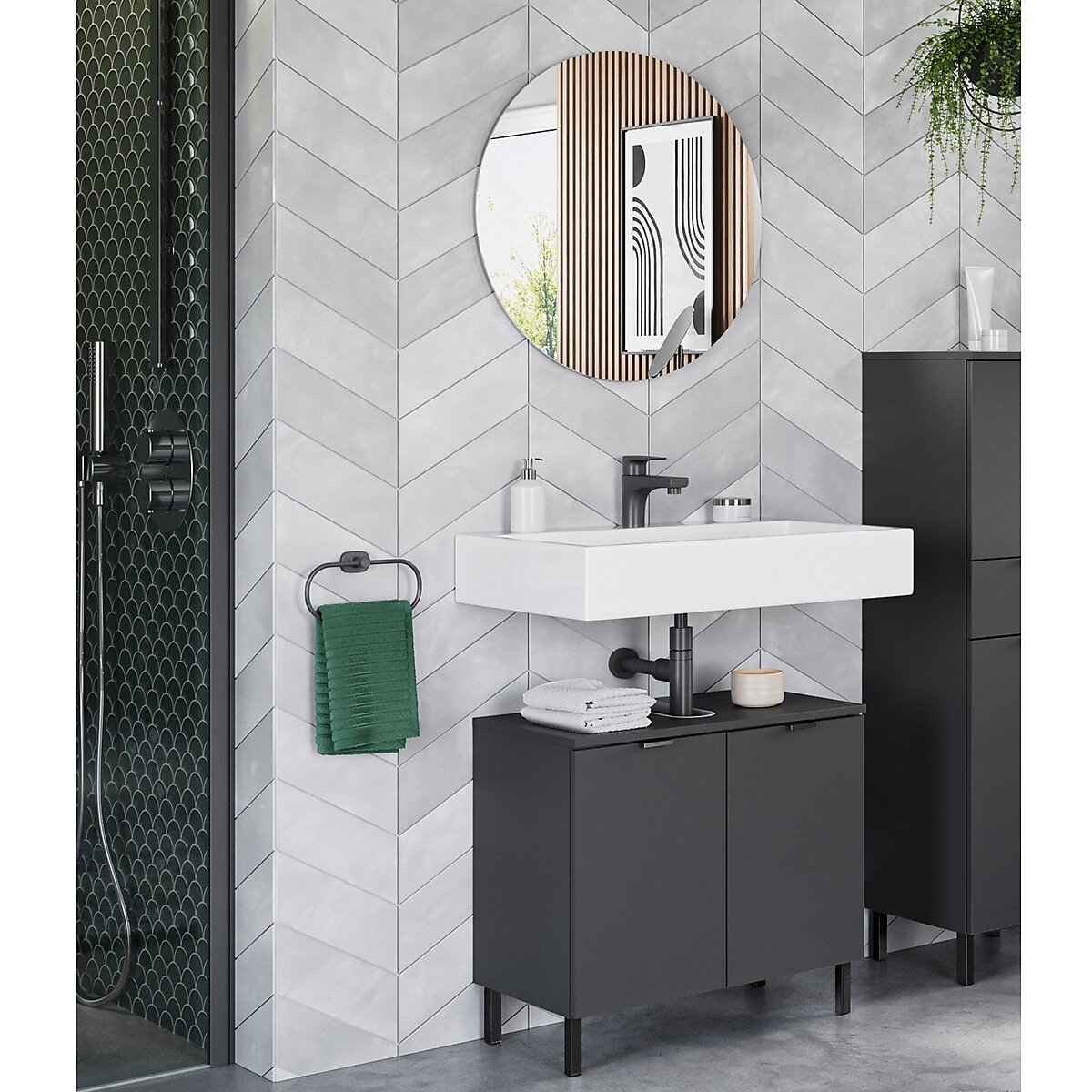 MID.YOU Waschbeckenunterschrank ARCENA Moderner Waschbeckenunterschrank in dunklem Design, frontal abgebildet unter einem rechteckigen Waschbecken mit rundem Spiegel darüber.