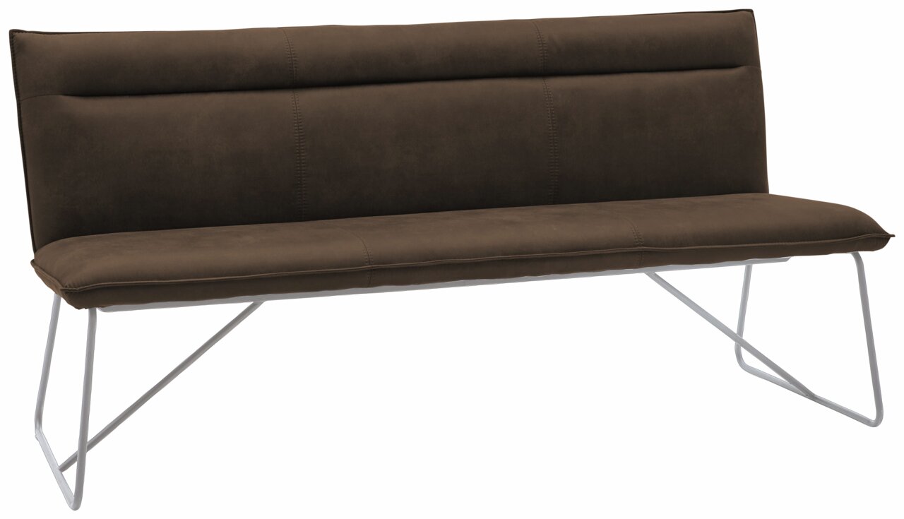 Braune Bank mit modernem Design und Metallbeinen, seitliche Perspektive