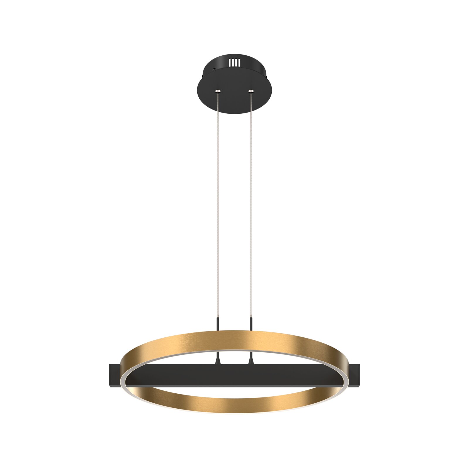 Moderne hanglamp met goudkleurige LED-ring, zwarte dwarsbalk en ronde plafondkap, frontaal vanuit een licht laag perspectief weergegeven.