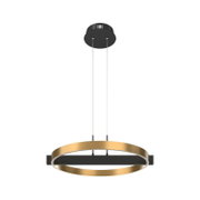 Moderne hanglamp met goudkleurige LED-ring, zwarte dwarsbalk en ronde plafondkap, frontaal vanuit een licht laag perspectief weergegeven.