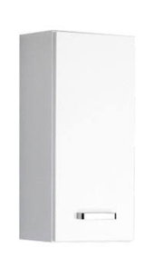 Weißer Hängeschrank mit einer Tür und silbernem Griff, seitliche Perspektive